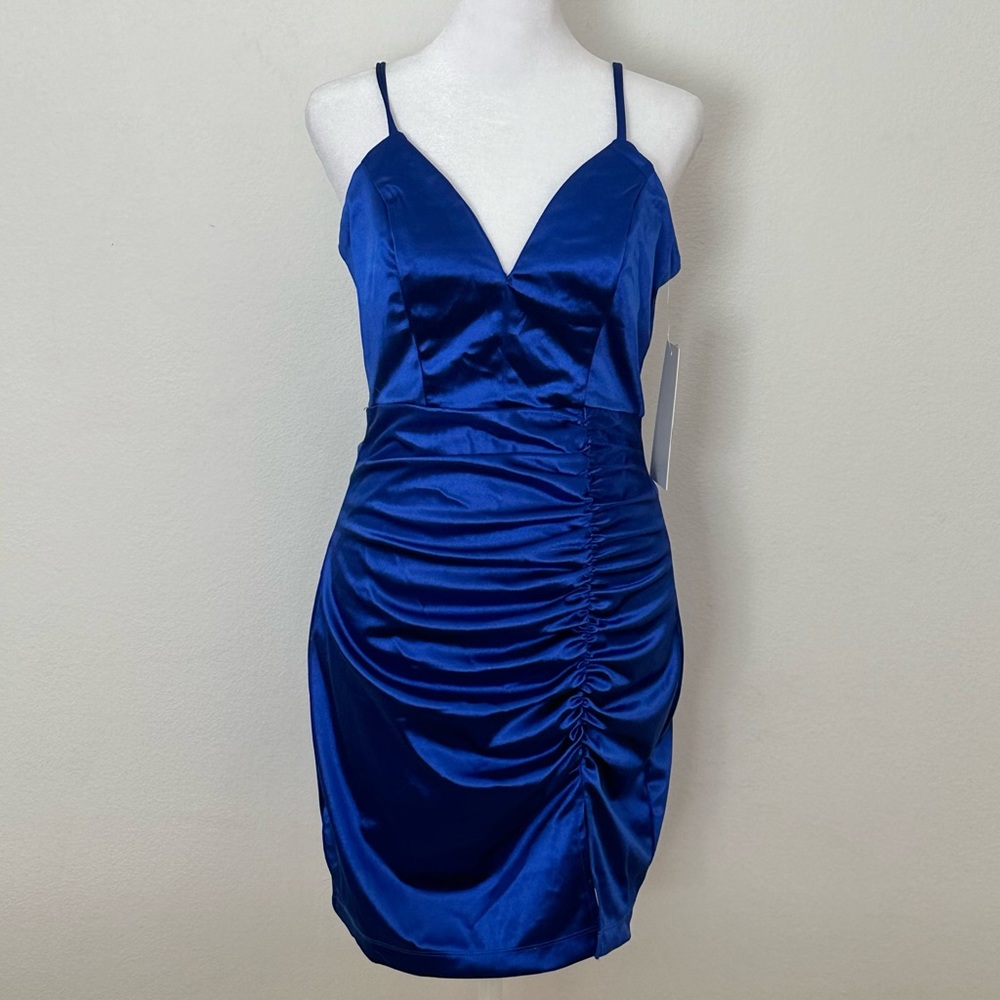 Spaghetti Strap V-Neck Ruched Blue Satin Bodycon Dress, size Large